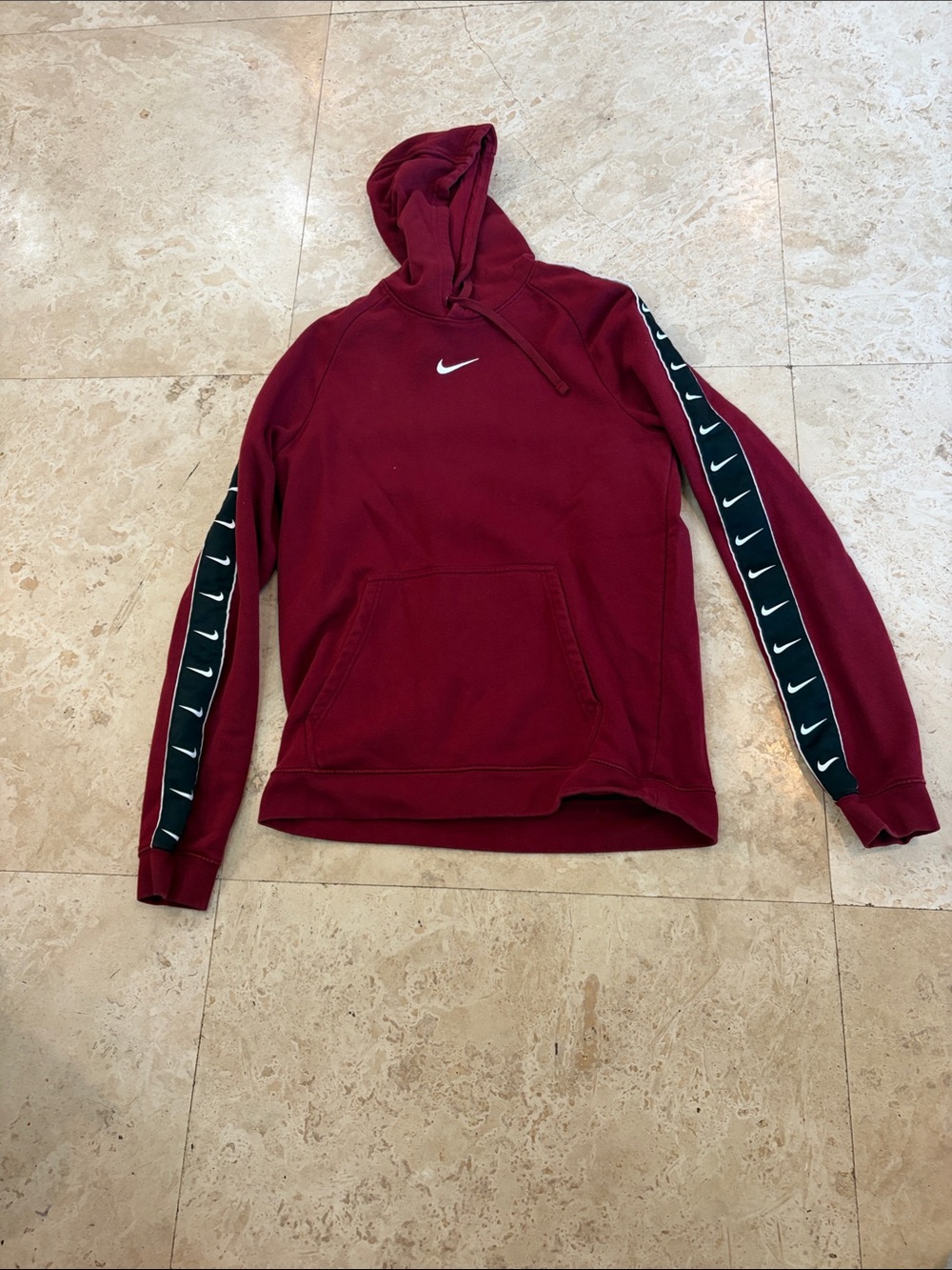 Nike Burgundy Hoodie with White Swoosh and Black Accent Stripes